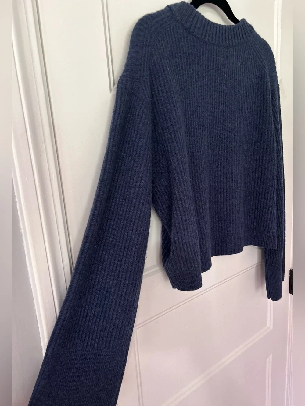 J.Crew 100% Cashmere Rib Knit Cropped Sweater Blue Bell Sleeve M Boxy Cozy Soft